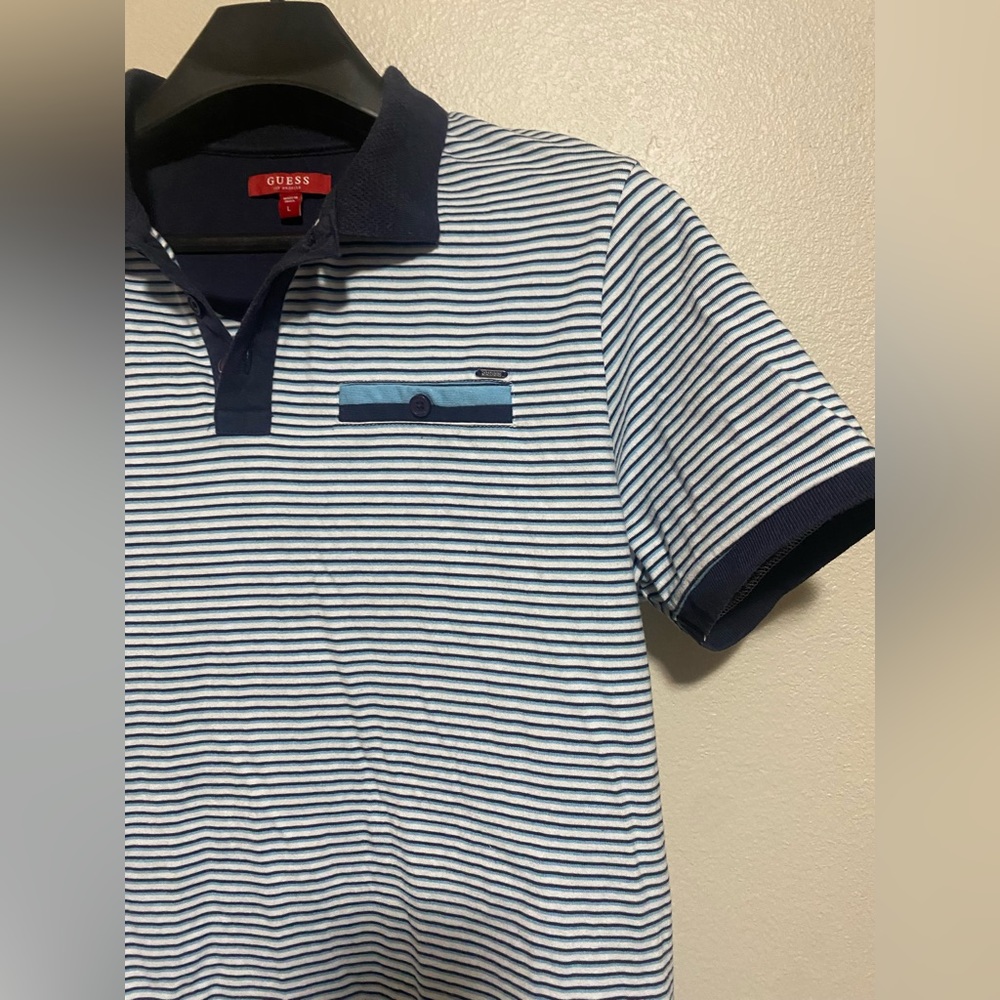 Barely Used Mens Guess Navy and White Striped Polo- size L